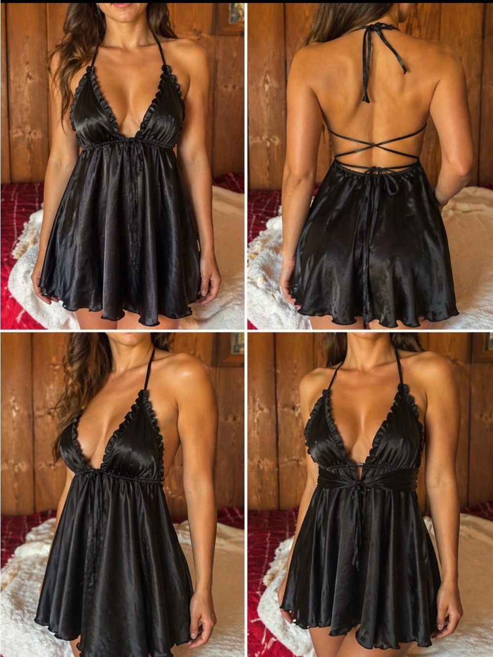 Avidlove Black Satin Babydoll Halter Chemise Crisscross Back XL NWT